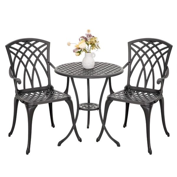 24 Inch Cast Aluminum Bistro Table with Umbrella Hole and 2 Bistro Chairs