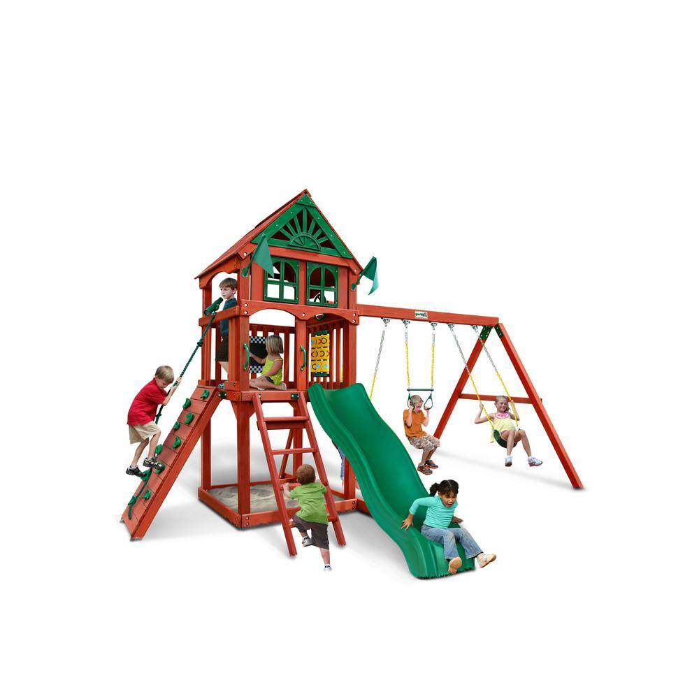 Gorilla Playsets Five Star II Wooden Outdoor Playset with Rock Wall Wave Slide Sandbox Swings and Backyard Swing Set Accessories 01-0082-RP