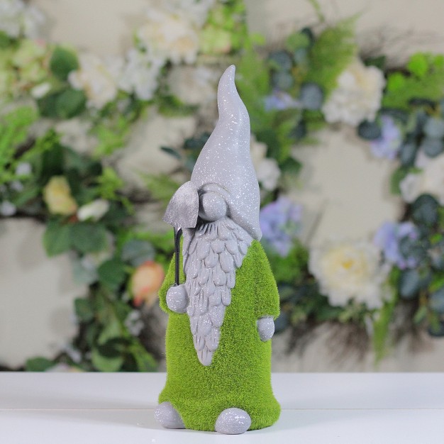 Faux Moss Covered Gnome With Shovel Outdoor Garden Statue