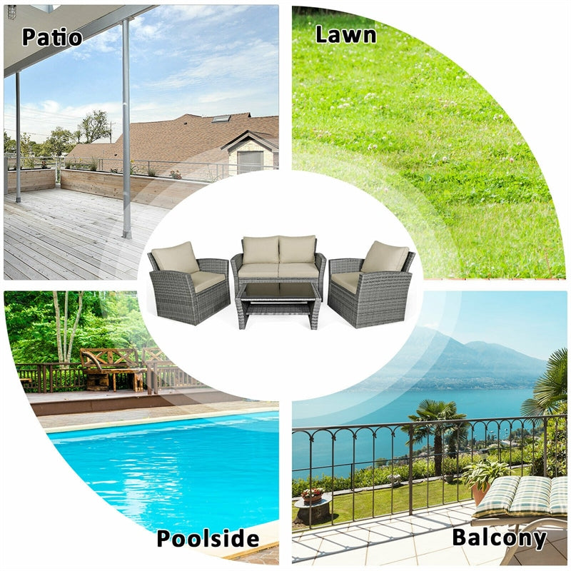 4 Pcs Rattan Patio Sectional Furniture Set with Storage Shelf Table, Cushioned Outdoor Wicker Conversation Sofa Set