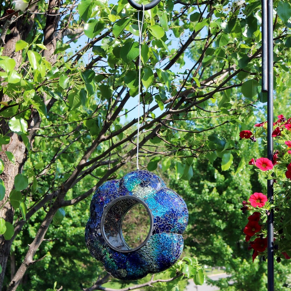 Outdoor Hanging Bird Feeder Indigo Glass Flower Fly Through   9\