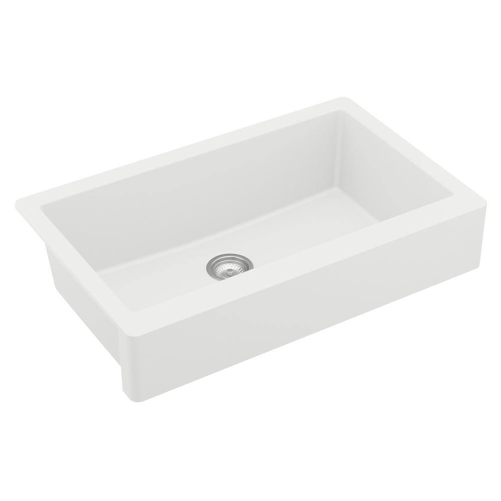 Karran QAR-740 QuartzGranite 34 in. Single Bowl Retrofit FarmhouseApron Front Kitchen Sink in White with Grid and Strainer QAR-740-WH-PK1