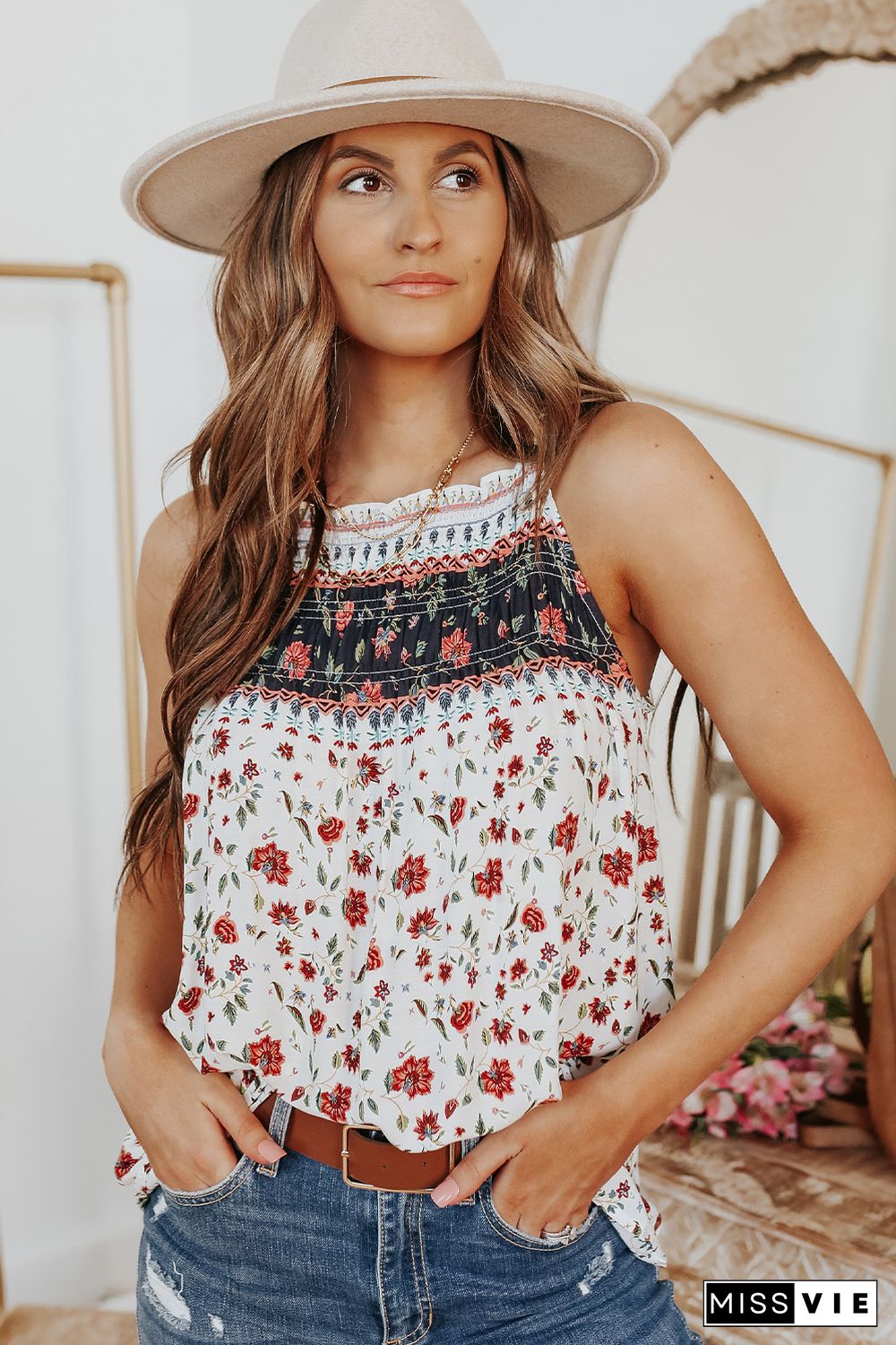 White Smocked Frilled Boho Floral Print Halter Tank Top