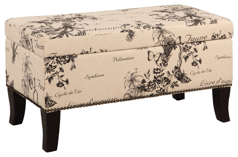 Stephanie Ottoman Botanical Linen  32W X 16D X 18H  Black   Transitional   Footstools And Ottomans   by Linon Home Decor Products  Houzz