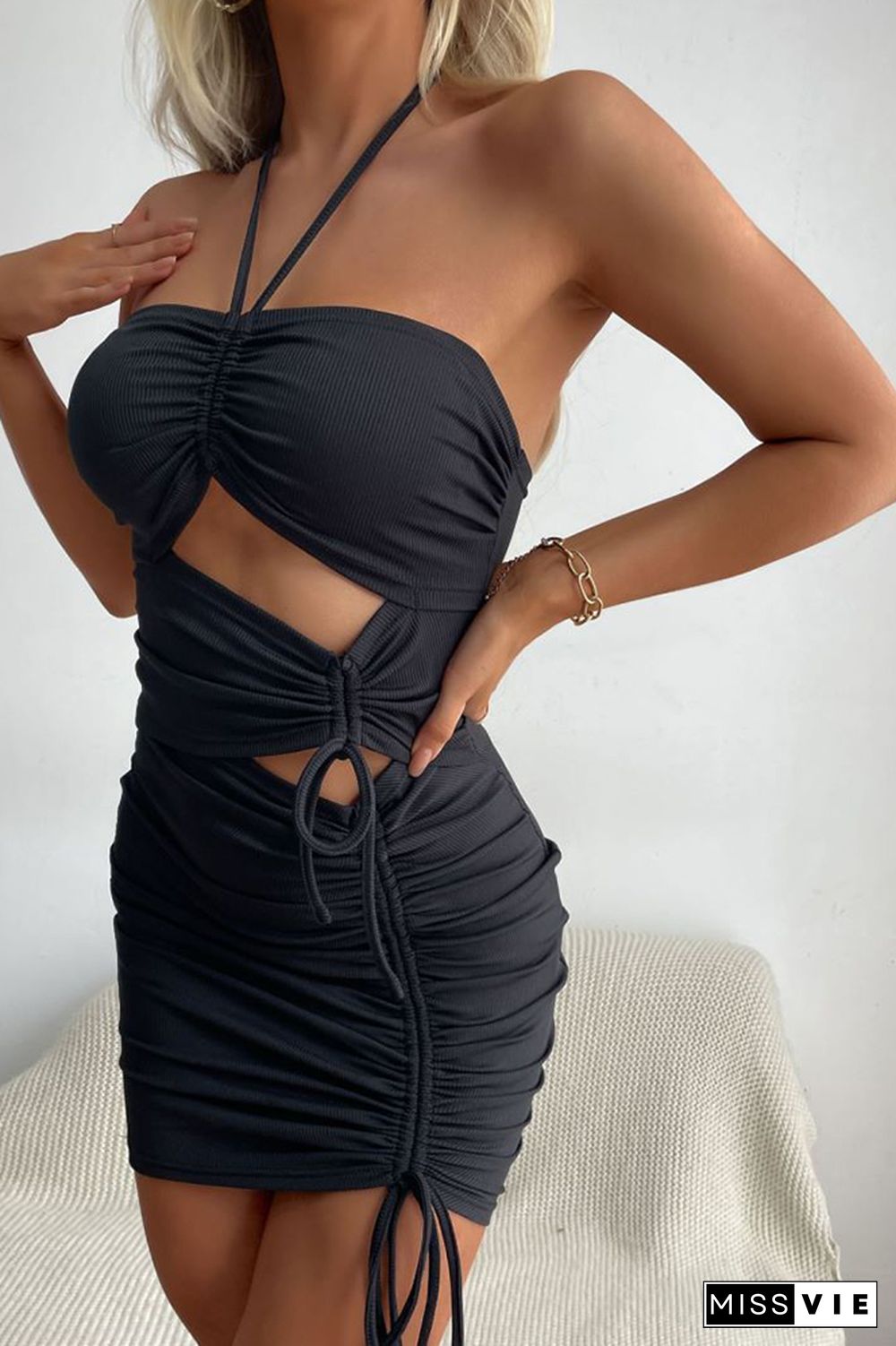 Black Halter Neck Rushed Bodycon Dress Wholesale