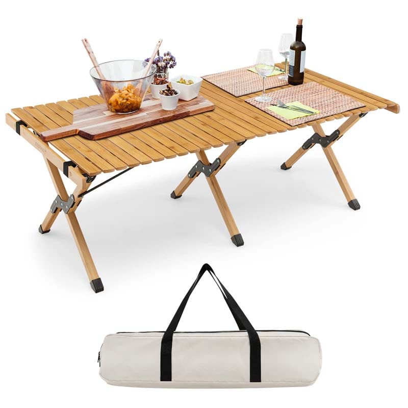 Folding Camping Table Portable Picnic Table with Carry Bag, Roll-up Bamboo Tabletop for BBQ Party Hiking