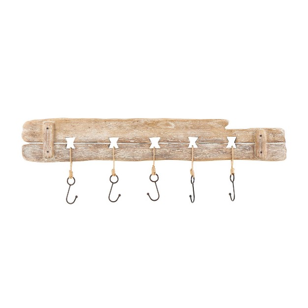 Wood Handmade Whitewashed Live Edge Wall Hook With 5 Hanger Fish Hooks Brown Olivia amp May