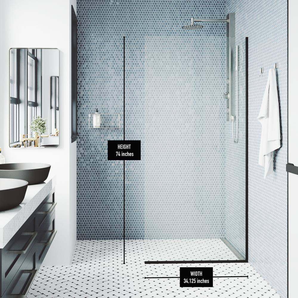 VIGO Zenith 34 in. W x 74 in. H Frameless Fixed Shower Screen Door in Matte Black with 38 in. (10mm) Clear Glass VG6075MBCL3474