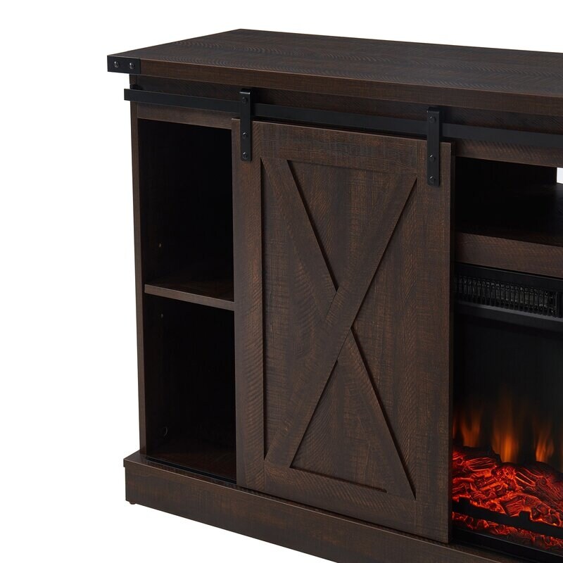 Fireplace TV Stand   Sliding Barn Door Farmhose Entertainment Center with 18'' Electric Fireplace Storage Cabinet