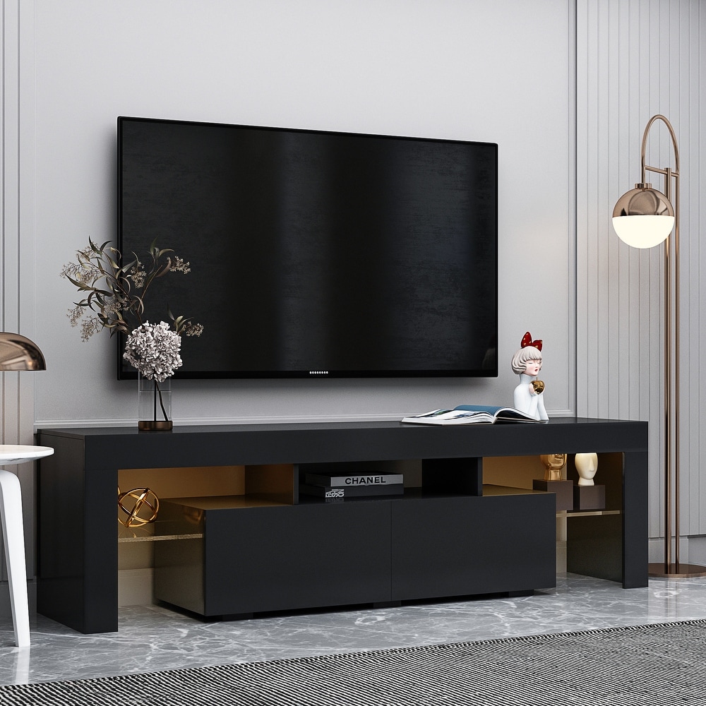 63''L Matt Laminate Finish TV Stand Cabinet with 2 Soft Open Front Storage Doors  20 Colors LED Remote Control (up to 70'')