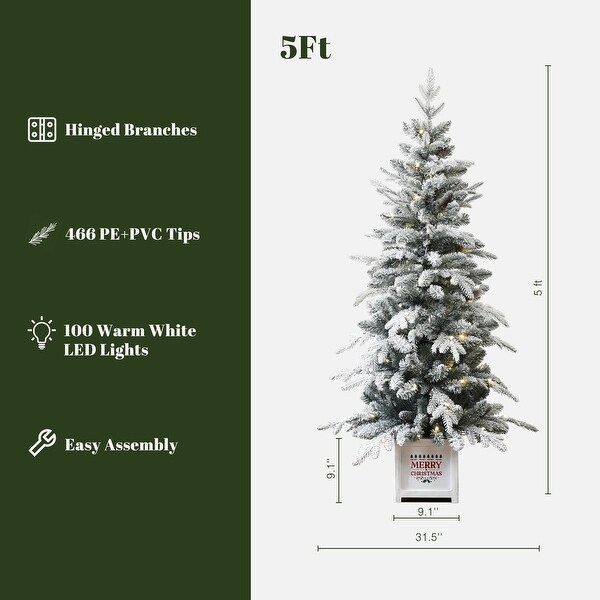 5Ft PreLit Snow Flocked Full Pine Potted Artificial Christmas Tree