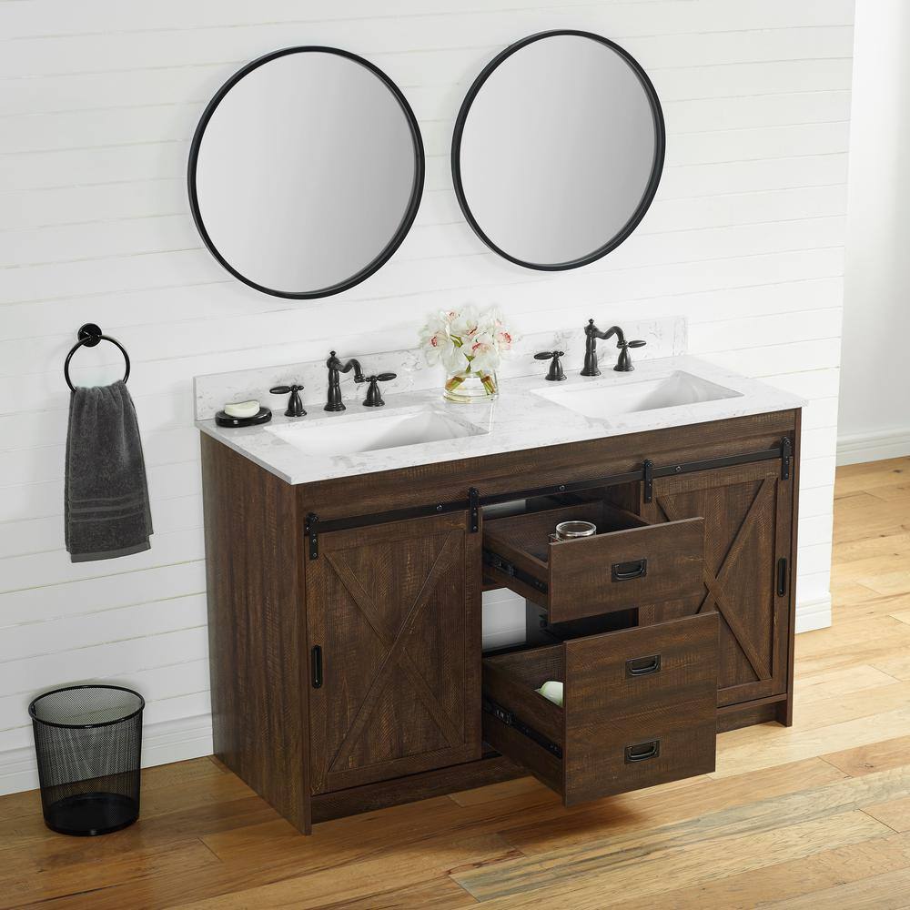 SUDIO Rafter 54 in. W x 22 in. D x 33.86 H Bath Vanity in Rustic Brown with Carrara White Engineered Stone Vanity Top Rafter-54RB-D