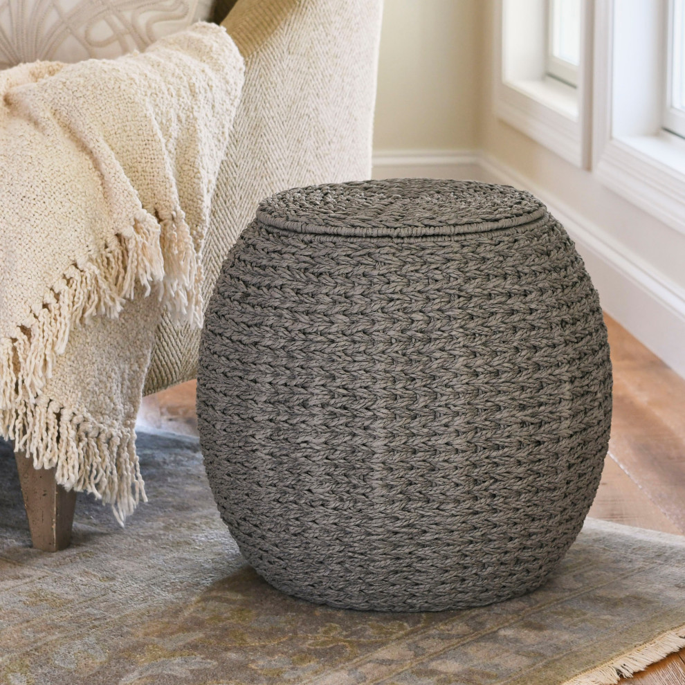 Handwoven Paper Rope Barrel Wicker Storage Basket Side Table   Beach Style   Side Tables And End Tables   by Household Essentials  Houzz