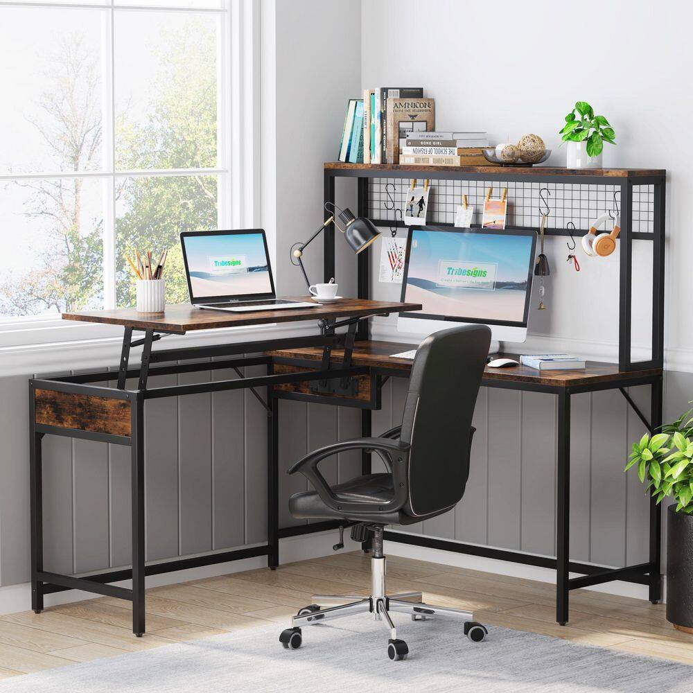 TRIBESIGNS WAY TO ORIGIN Perry 55 in. L-Shaped Brown Wood Computer Desk with Hutch and Adjustable Lift Top J-G393