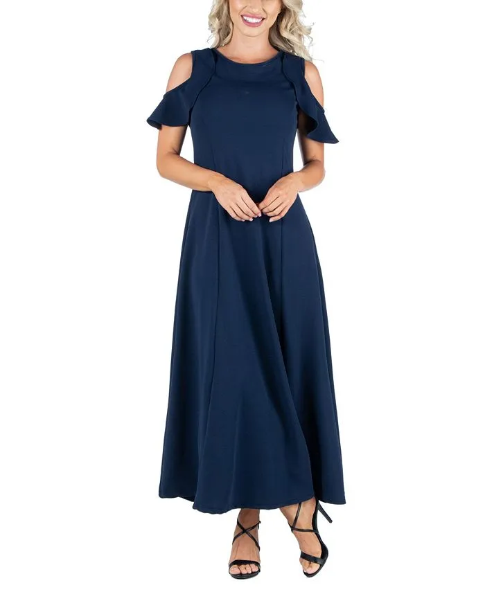 Women's Ruffle Cold Shoulder A-Line Maxi Dress