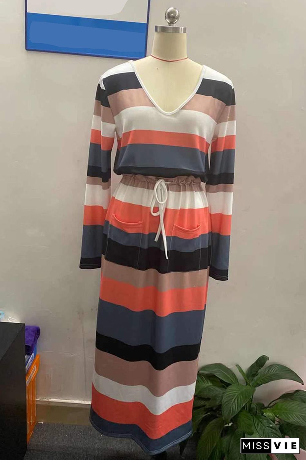 Colorful Stripe Drawstring Long Sleeve Dress Women Wholesale