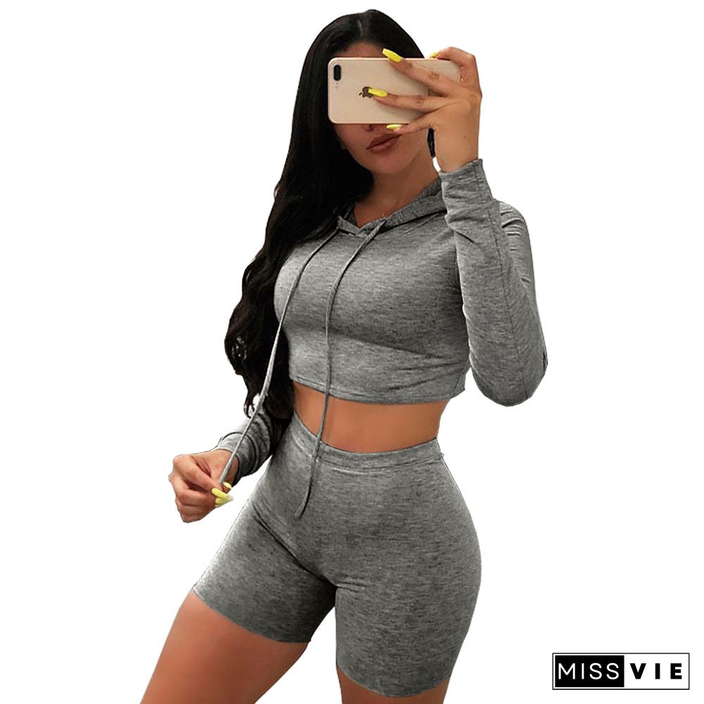 Women Long Sleeve Crop Hoodies With Bodycon Shorts 2 Pieces Sets