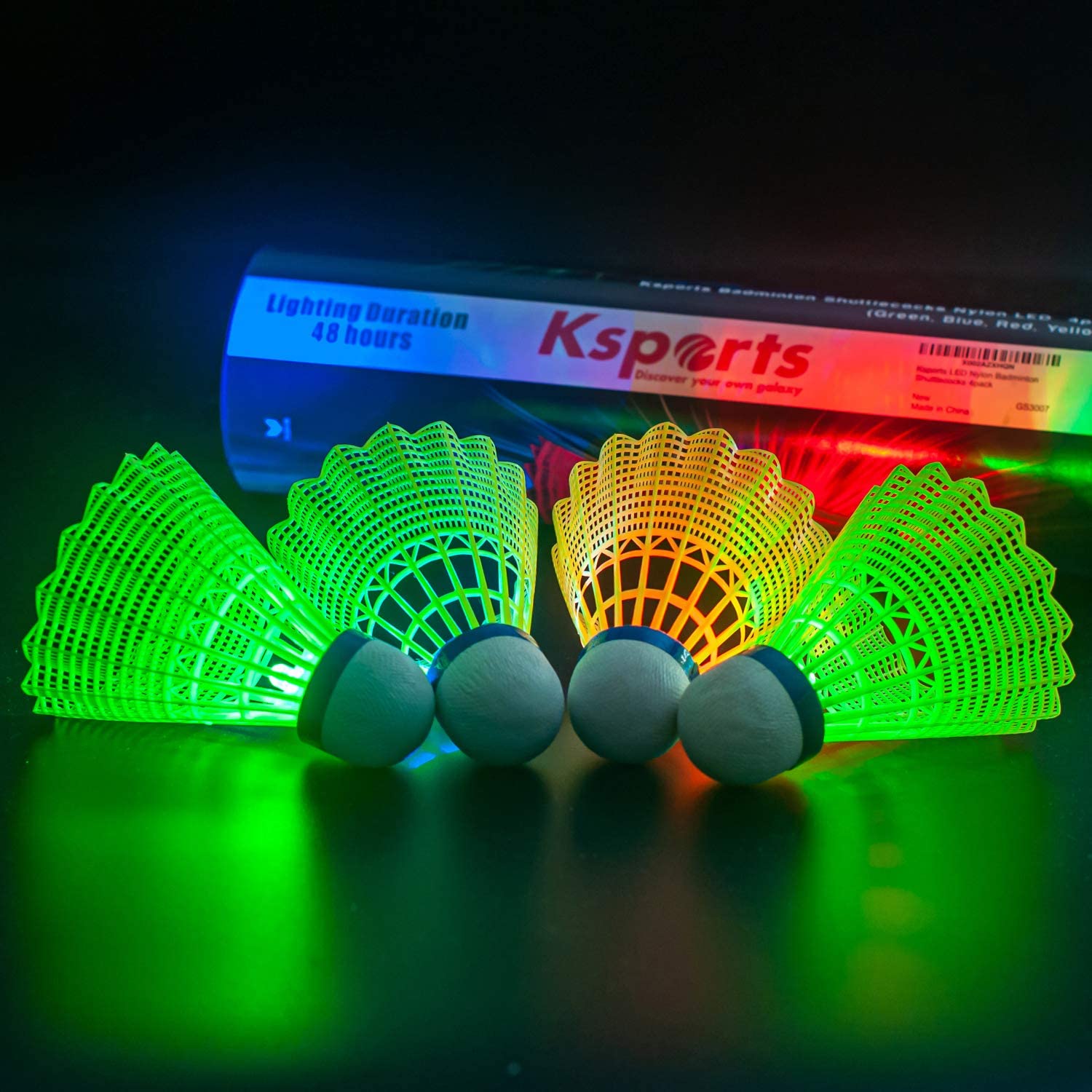 Ksports LED Badminton Shuttlecocks Nylon 4 Pack Tube − Glow in The Dark Birdies