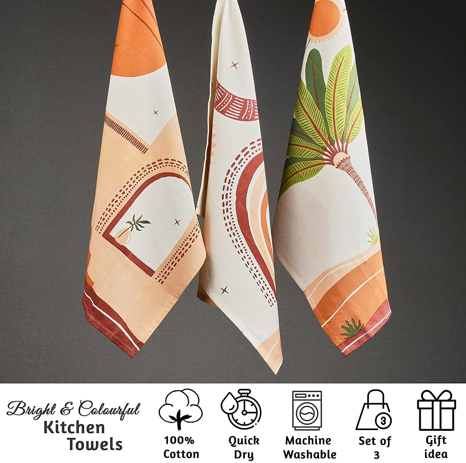 Folkulture Tea Towels or Kitchen Towels with Hanging Loop， 20 X 26 Inches Boho Dish Towels， 100% Cotton， Set of 3， Desert