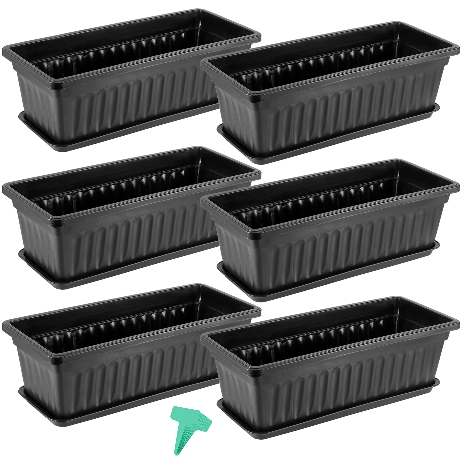 ZOENHOU 6 Pack 17 Inches Black Plastic Vegetable Planters, Rectangular Flower Window Box with 30 PCS Green Plant Labels