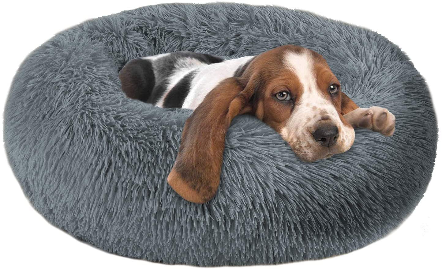 HQZY Plush Cat Calming Bed，  Plush Round Dog Bed Anti Anxiety Cuddler Comfy Dog Mat for Small Medium Dogs and Cats，Dark Grey 23.4