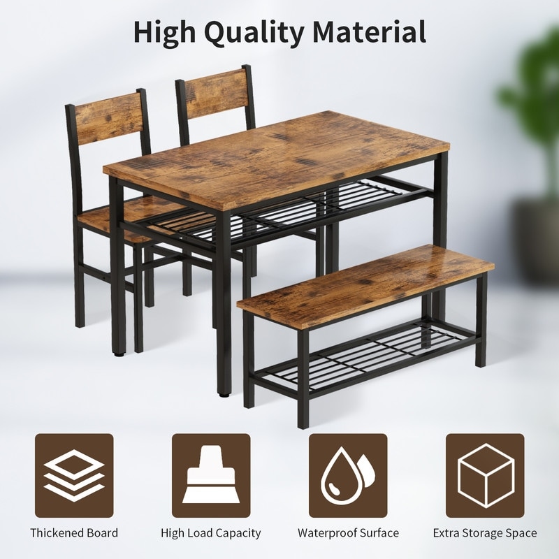 Industrial Dining Table Set for 4  4 Piece Kitchen Table with Bench and Chairs  Rustic Dining Set with Storage Rack