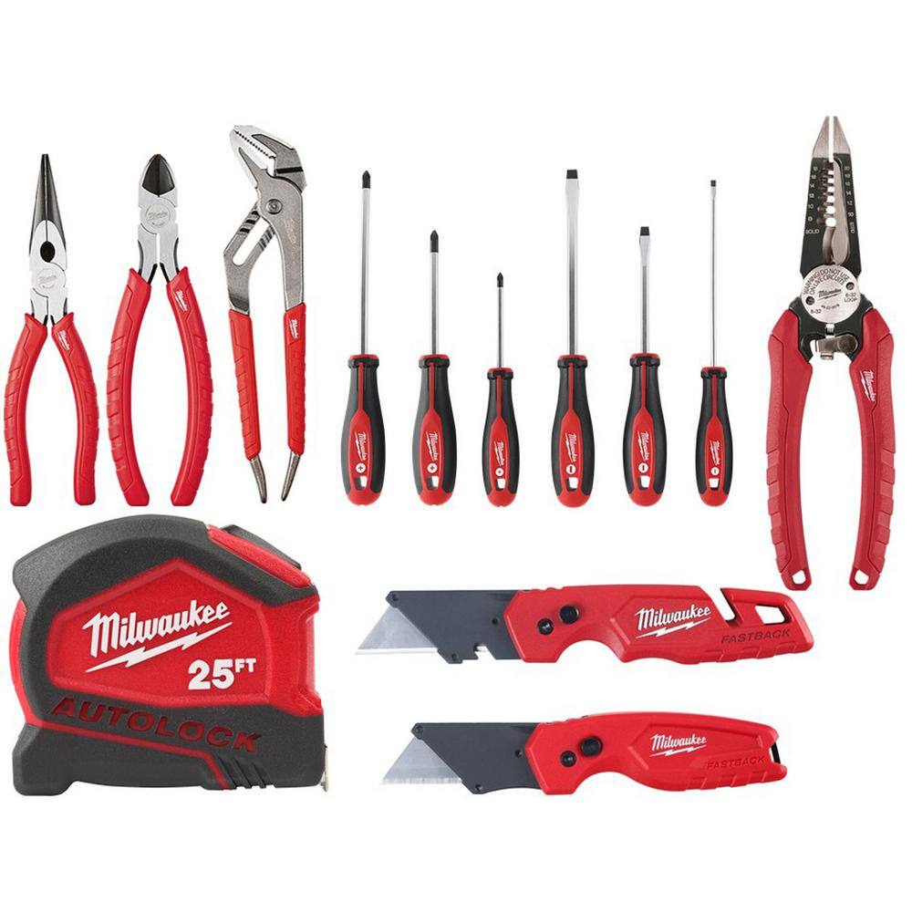 MW Pliers Kit with Screwdriver Set 25 ft. Auto Lock Tape Measure and FASTBACK Utility Knives Hand Tool Set (13-Piece) 48-22-6331-48-22-3079SB