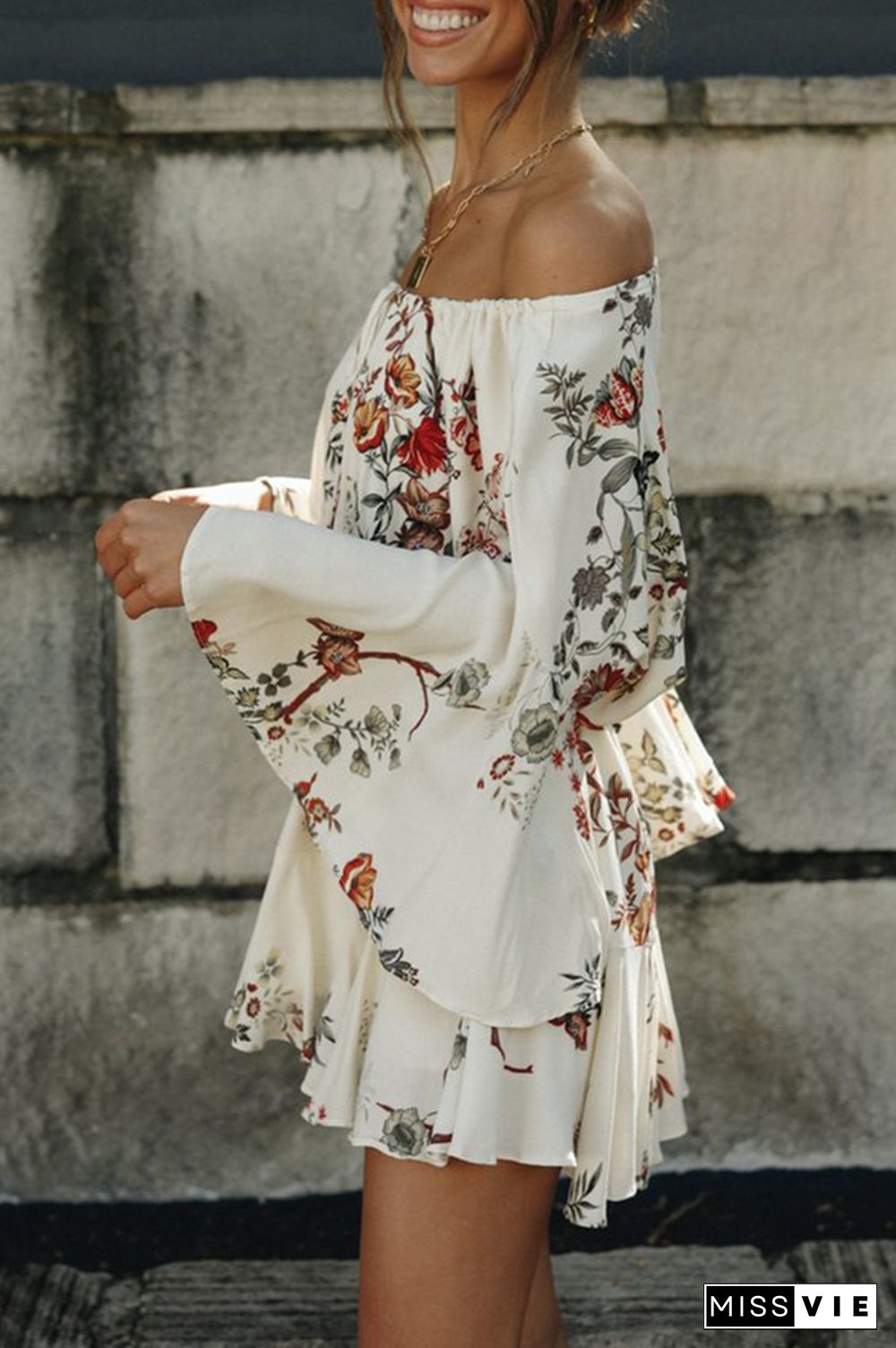 Fashion Casual Floral Split Joint Frenulum Off The Shoulder A Line Dresses