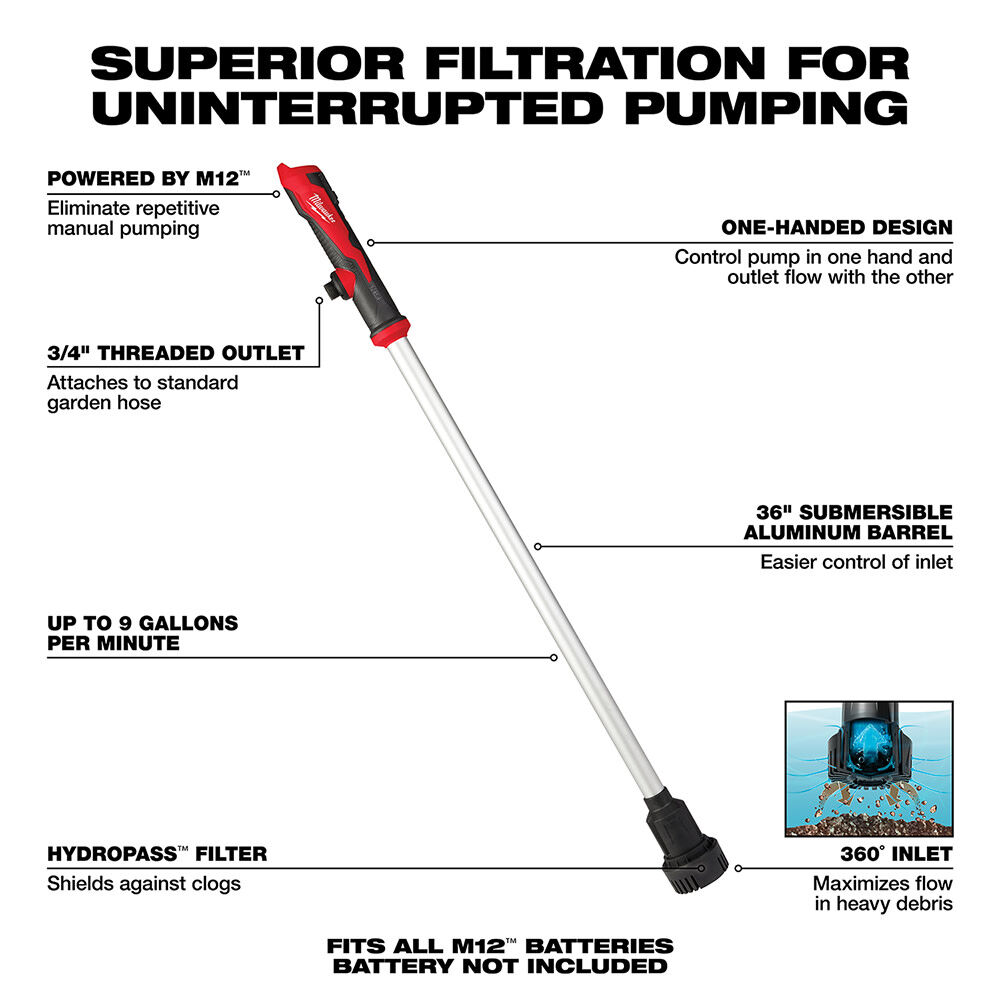 MW M12 Stick Transfer Pump with M12 REDLITHIUM XC 4.0Ah Extended Capacity Battery Pack Bundle 2579-20-48-11-2440 from MW