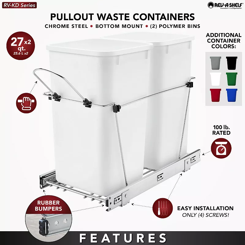 Rev-a-shelf Double Pull Out Trash Can 27 Qt For Kitchen， Redblk， Rv-15kd-1618c-s