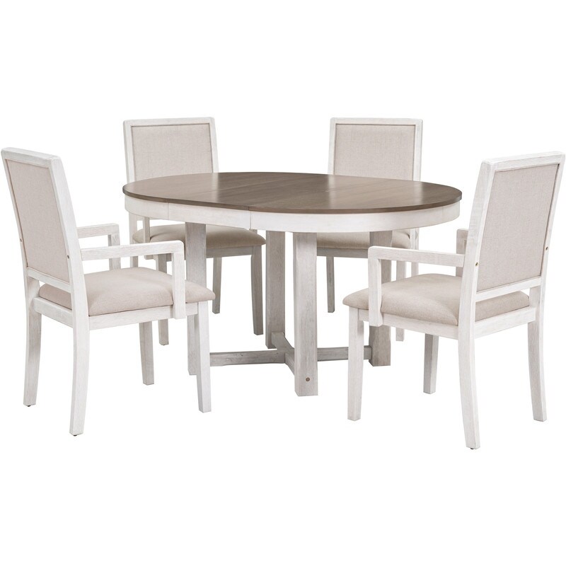 5 Piece Elegant Dining Table Set  Extendable Butterfly Leaf Wood Dining Table and 4 Upholstered Dining Chairs with Armrests