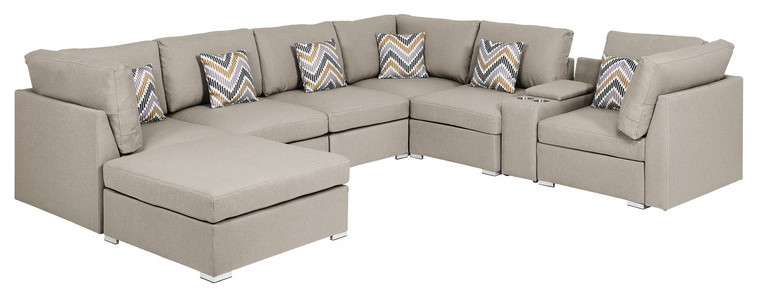 Amira Beige Reversible Modular Sectional Sofa With Usb Console  Ottoman  89820 6   Contemporary   Sectional Sofas   by Timeout PRO  Houzz