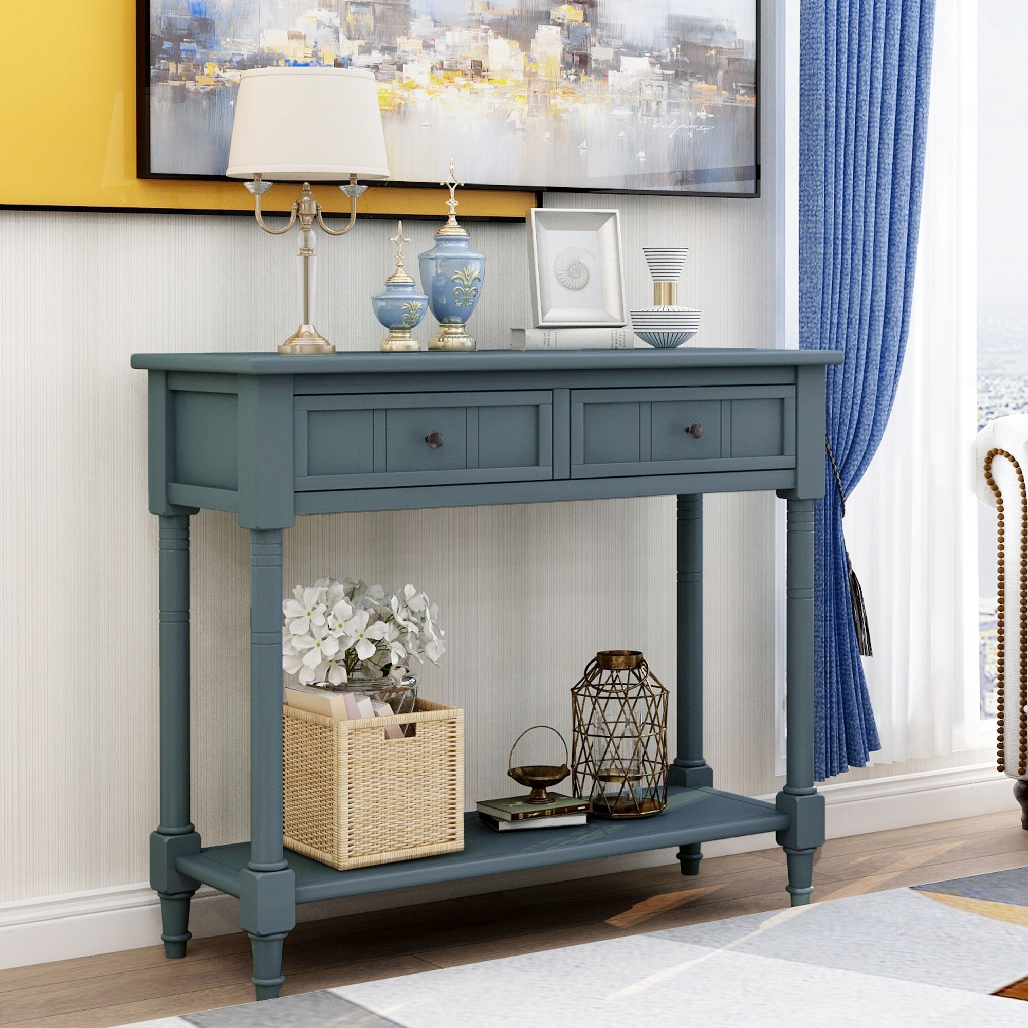 Daisy Series Console Table Traditional Design with Two Drawers and Bottom Shelf， Entryway Hallway Living Room