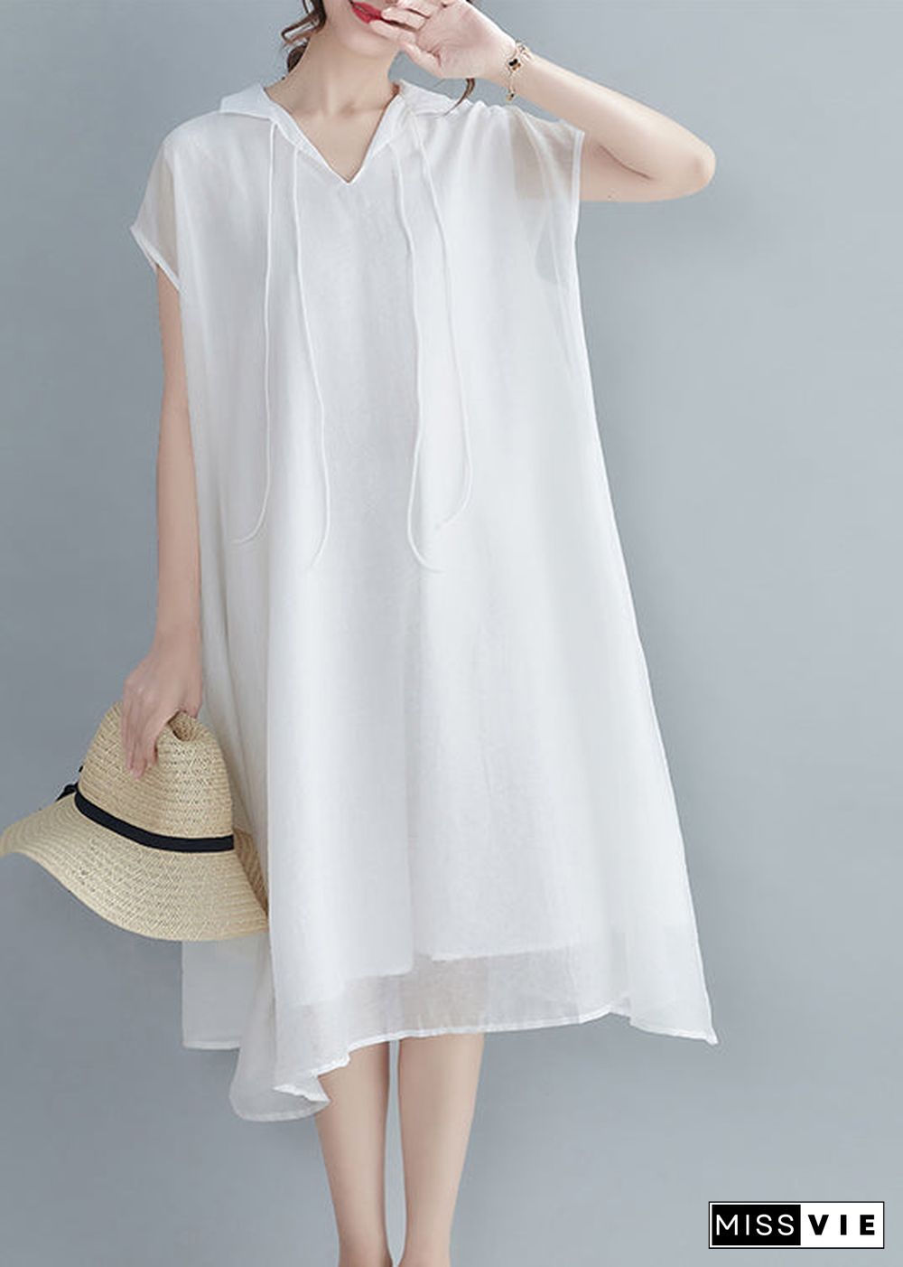 White Chiffon Long Dress Extra large hem Lace up Short Sleeve