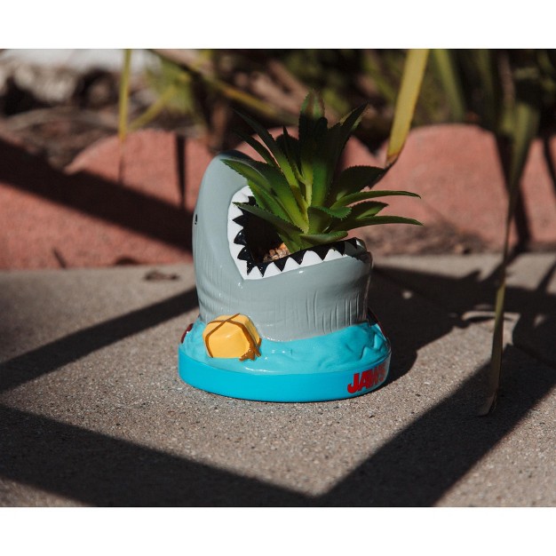 Silver Buffalo Jaws Shark 4 inch Ceramic Mini Planter With Artificial Succulent