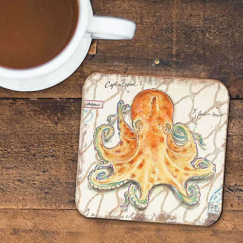 Octopus Coastal Wooden Cork Coasters Gift Set of 4 by Nature Wonders