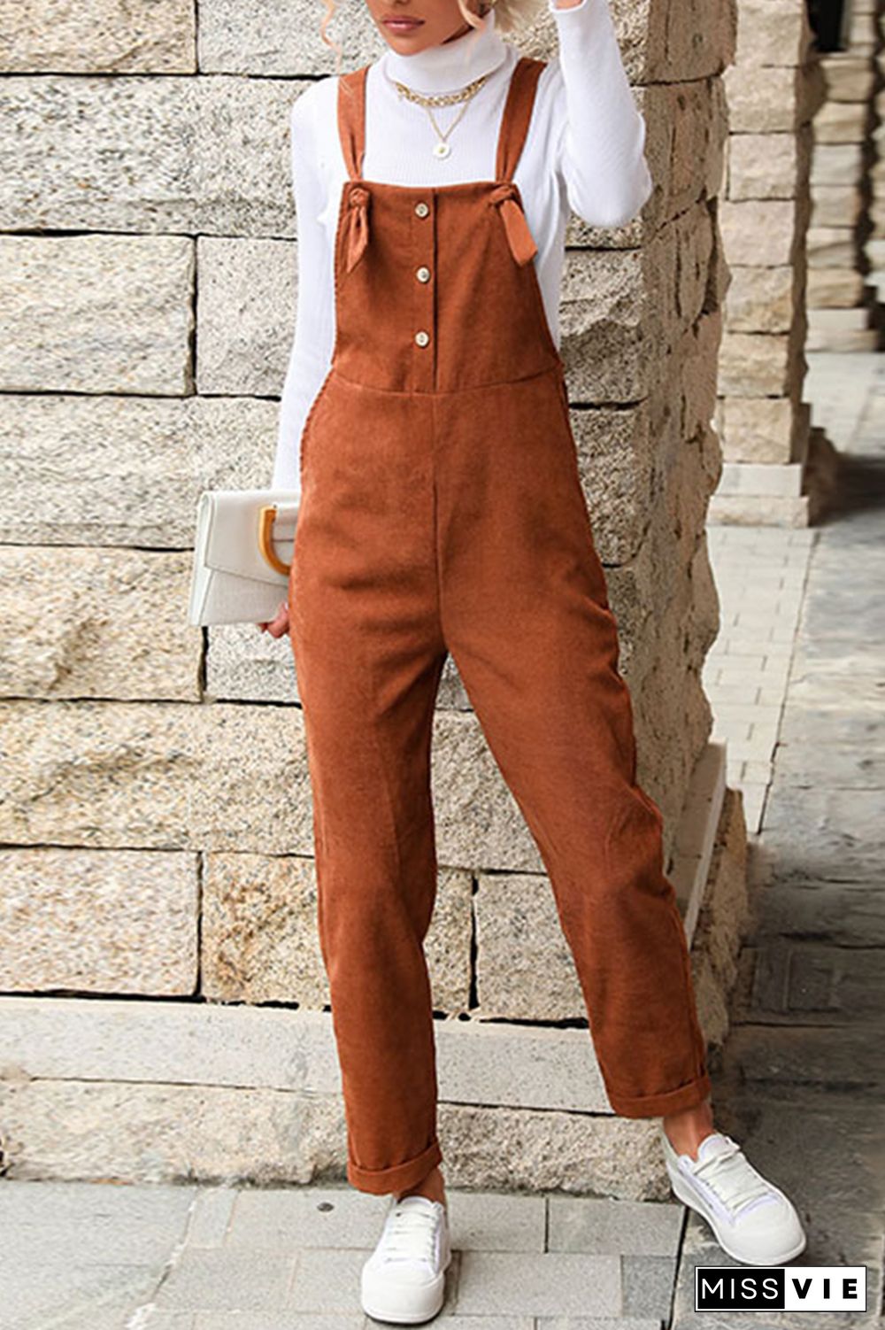 Brown Button Down Tie Strap Corduroy Jumpsuits