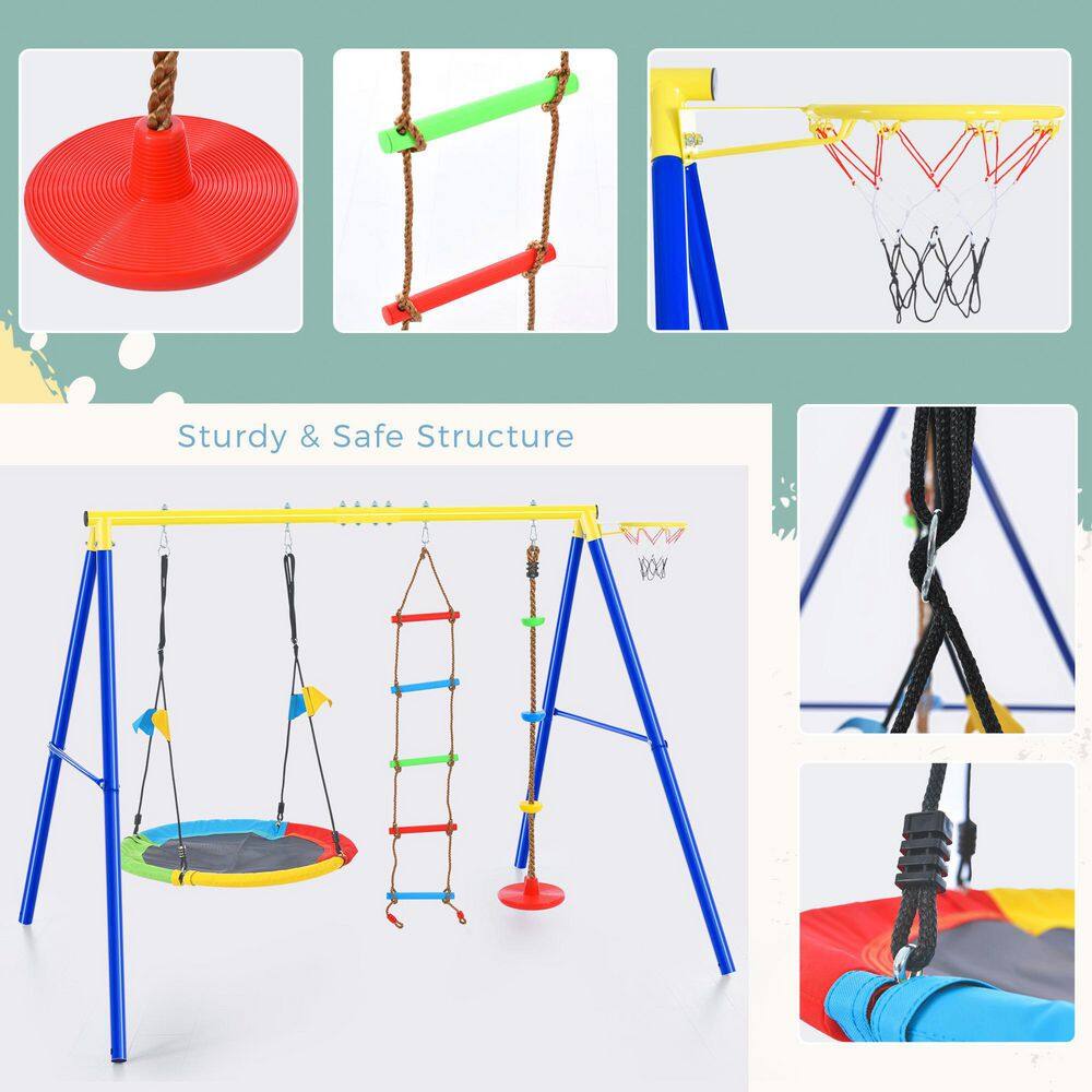 TIRAMISUBEST 4 in 1 Outdoor Swing Set with Climbing Ladder and Basketball Hoop for Kids MSXY296182AAA