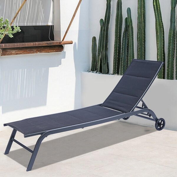 2-Piece Patio Chaise Lounge Set 5-Position Adjustable on Wheels Black