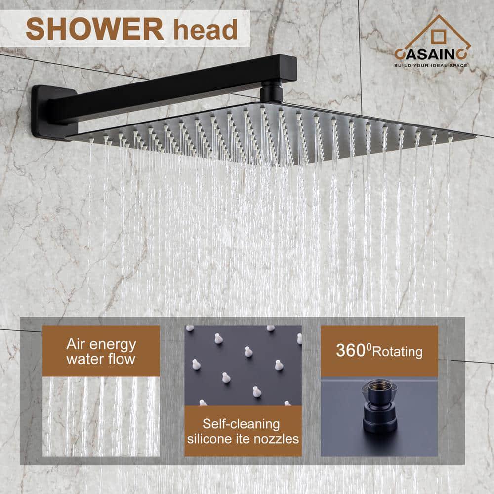 CASAINC 1Handle 3Spray Pattern 12 in Wall Mount Shower Set Shower Head Tub and Shower Faucet Matte Black