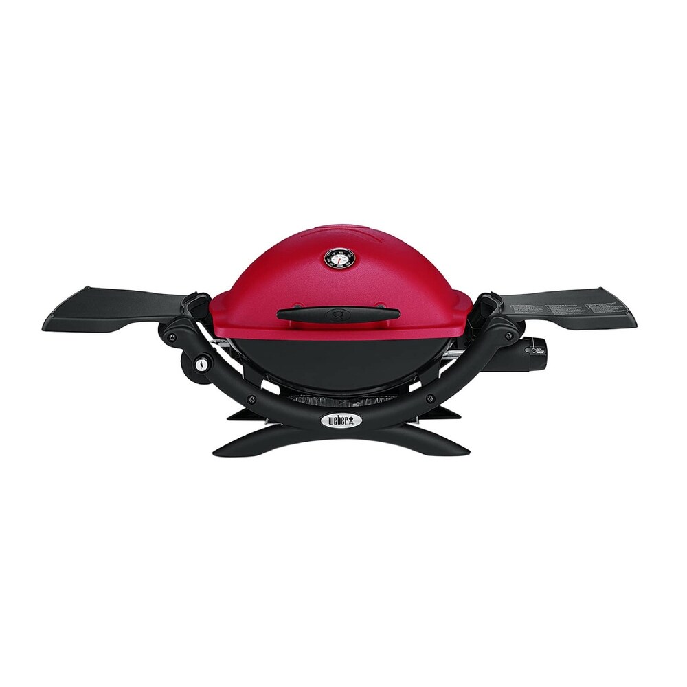 Weber Q1200 Liquid Propane Grill (Red) w/ Portable Cart  Hose Bundle