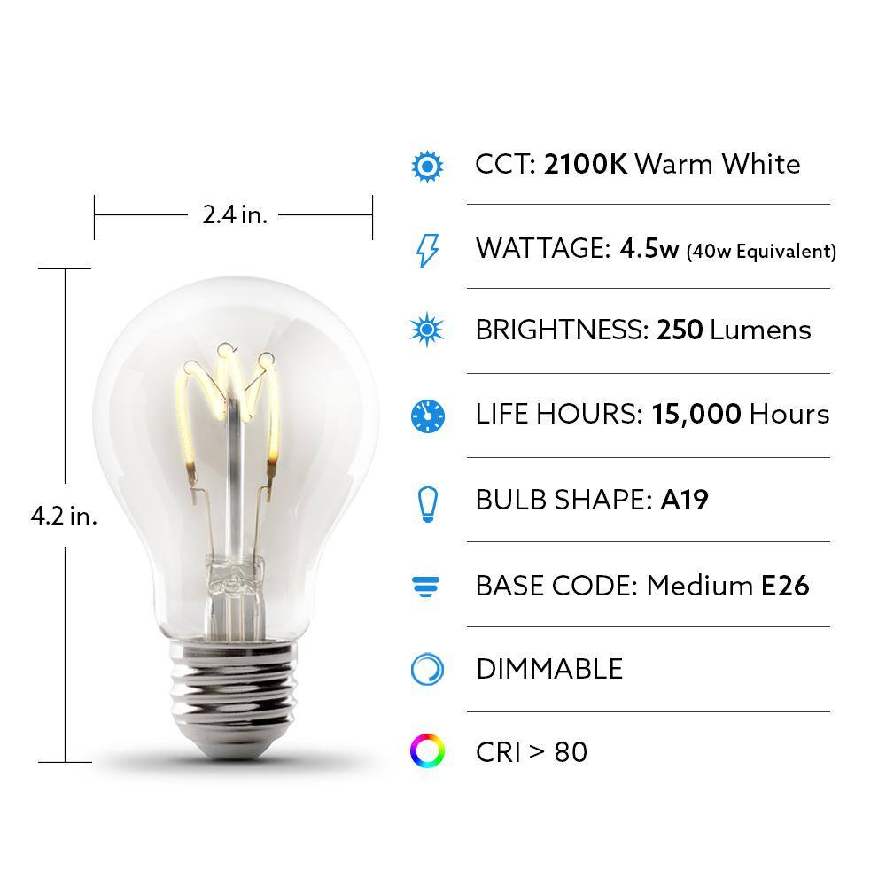 Feit Electric 40-Watt Equivalent A19 Dimmable H Shape Filament Clear Glass E26 Vintage Edison LED Light Bulb Warm White AT19HCLLEDHDRP