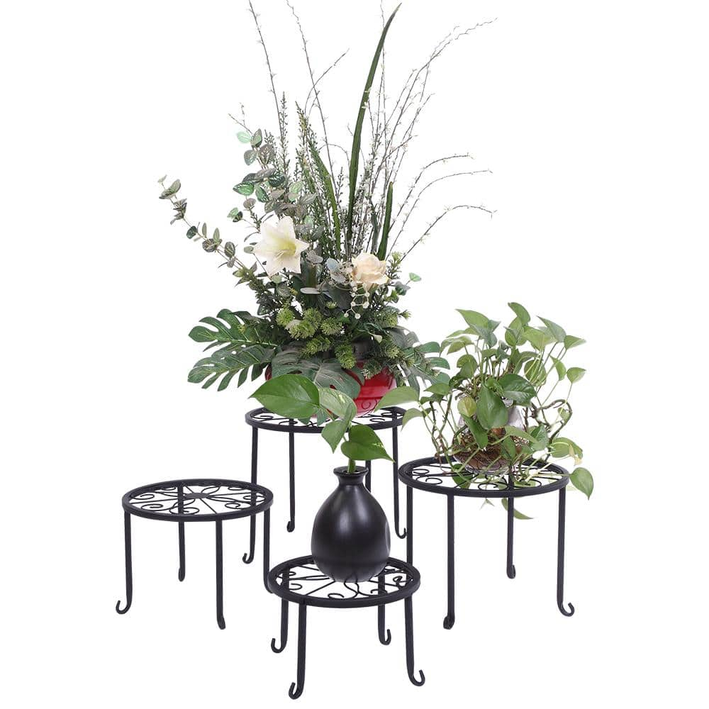 Winado 5.1 in. to 9.8 in. H Painted Outdoor Black Iron Plant Stand (4-Pieces) 302771328759