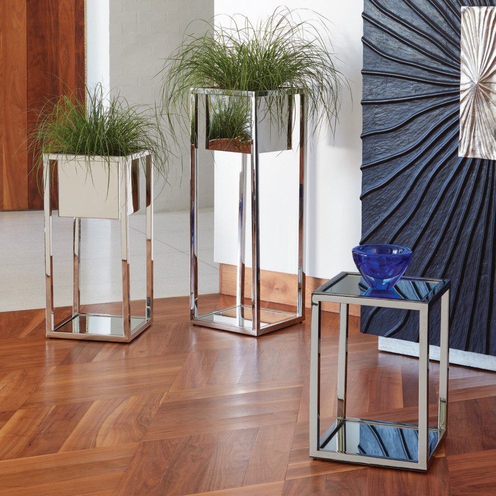 Minimalist Mirrored Square Silver Metal Pedestal Stand  Table Planter Open 20 quot  Contemporary   Plant Stands And Telephone Tables   by My Swanky Home  Houzz