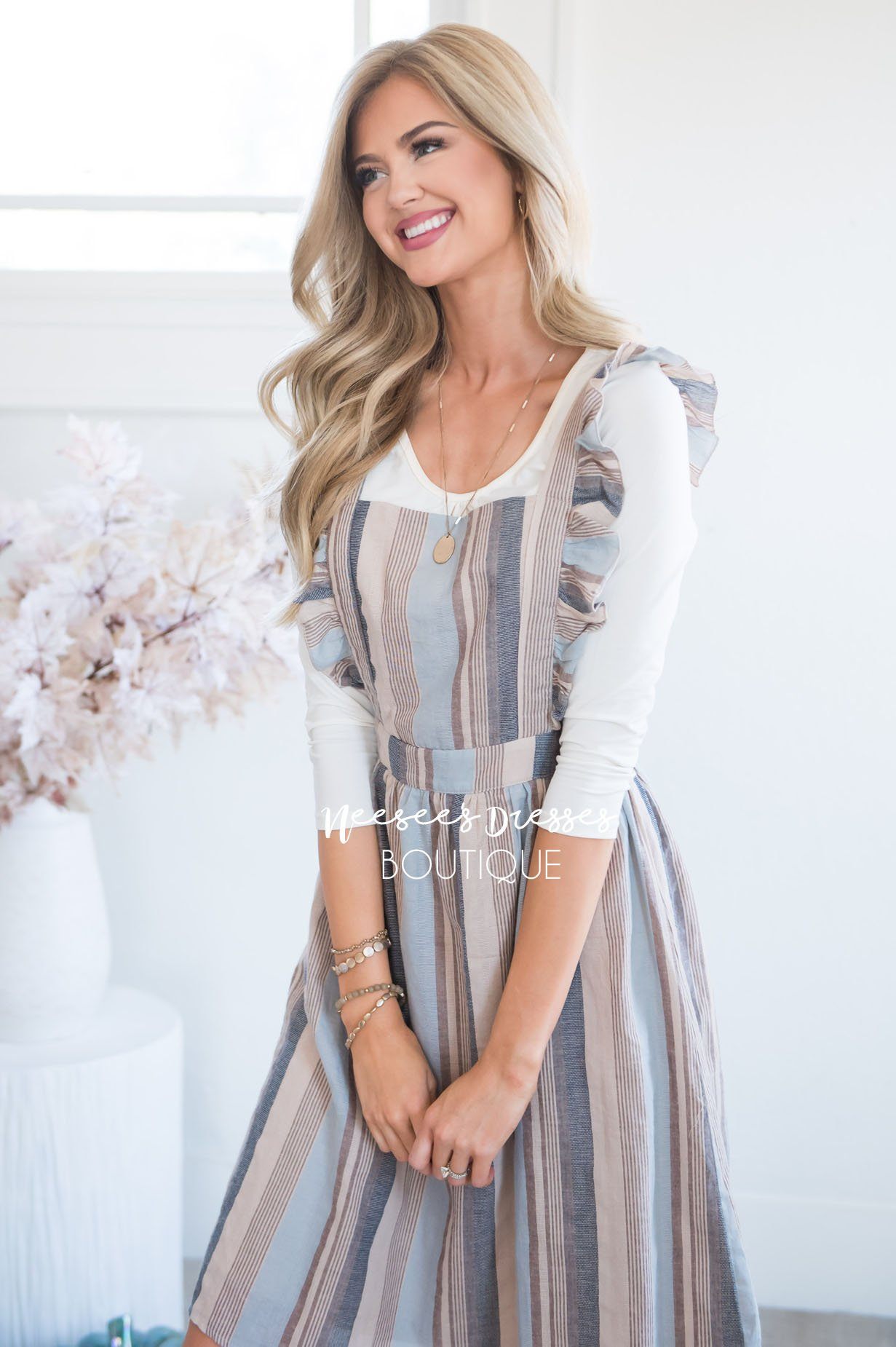 The Jayne Striped Ruffle Overall Dress