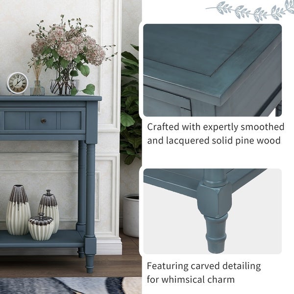 Console Table with 2 Drawers and Bottom Shelf Acacia Mangiu， Navy