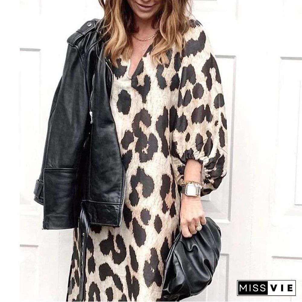 Fashion Leopard Print Loose Lantern Sleeve Dress Long Skirt