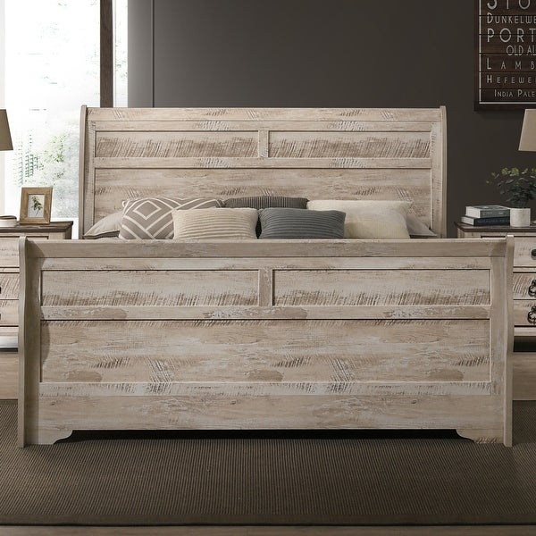 Roundhill Furniture Imerland Contemporary White Wash Finish Bedroom Set with Sleigh Bed， Dresser， Mirror， Nightstand - - 32524445