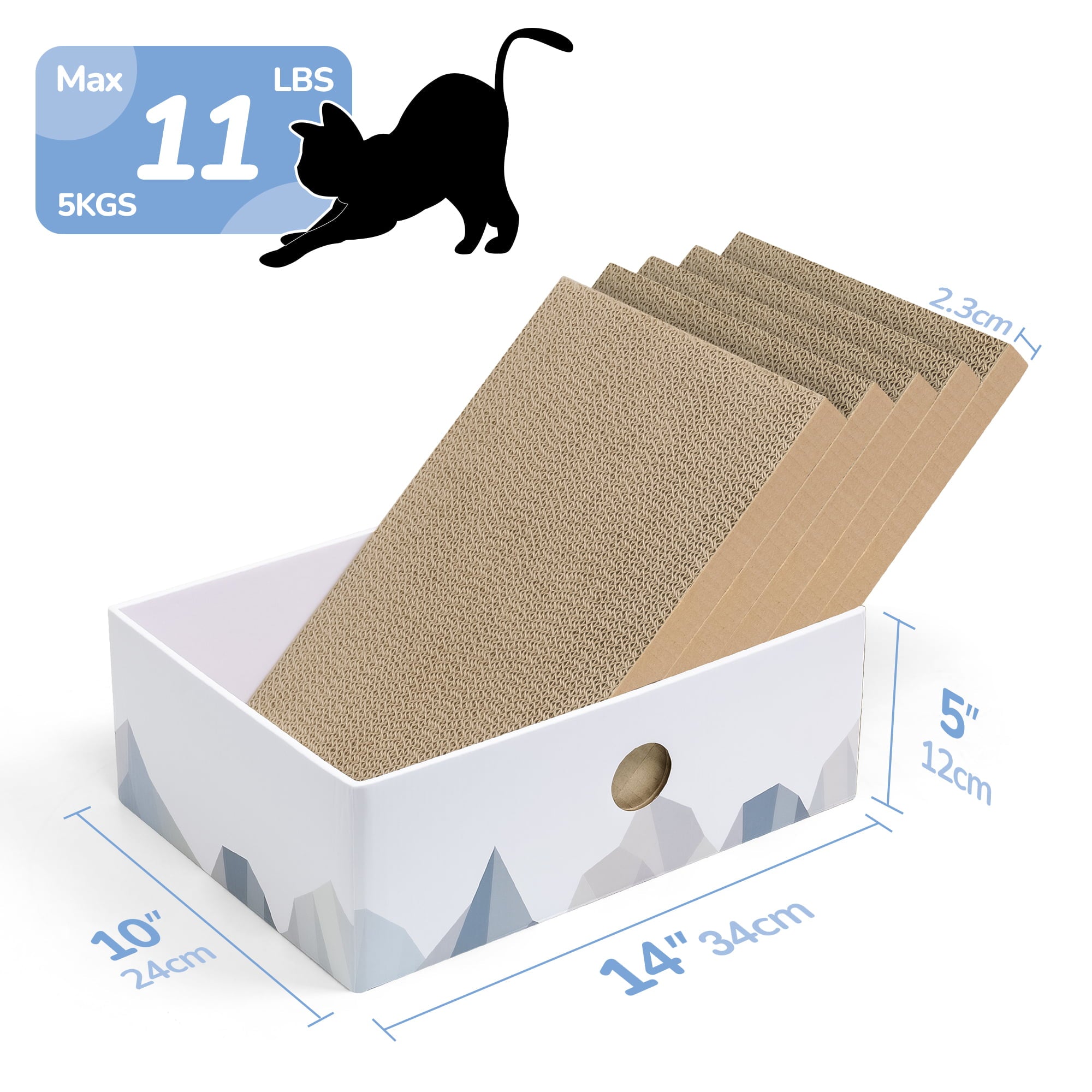 Conlun Cat Scratcher Box W/ Interactive Hole， 3-Layer Corrugated Cardboard， Reversible， 5 Replacement Boards， Medium