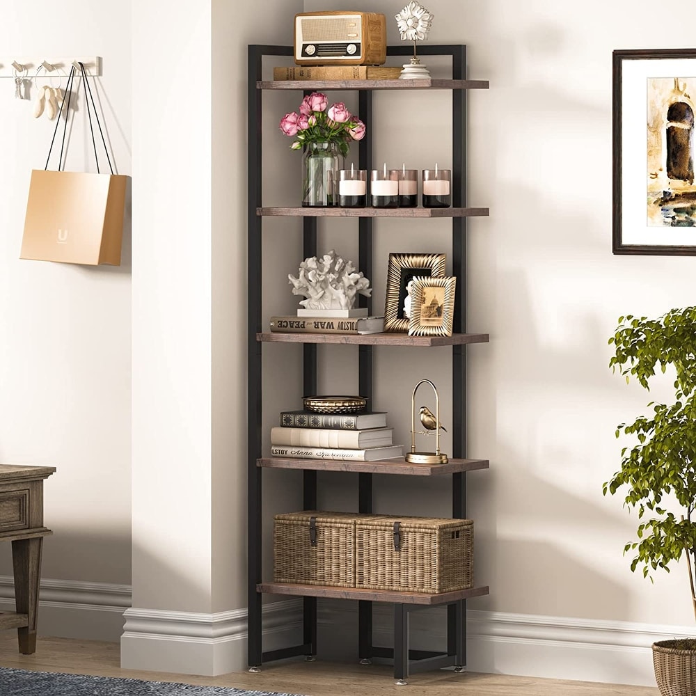 5 Tier Corner Shelf  Industrial Wood Bookshelves  Display Plant Stand